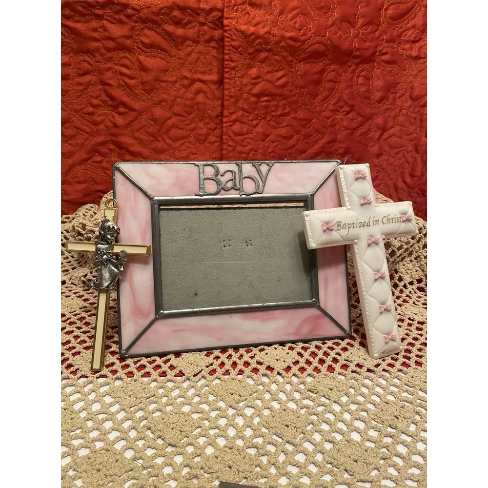 Baby Girl Shower/Baptism Gift Pink Stained Glass Photo Frame & 2 Crosses